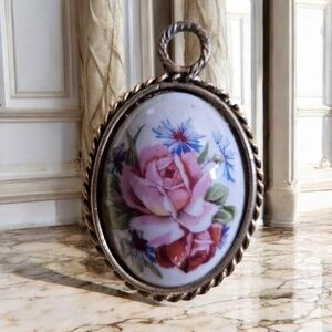 Antique Vintage Limoges France Large Pendant Floral Design